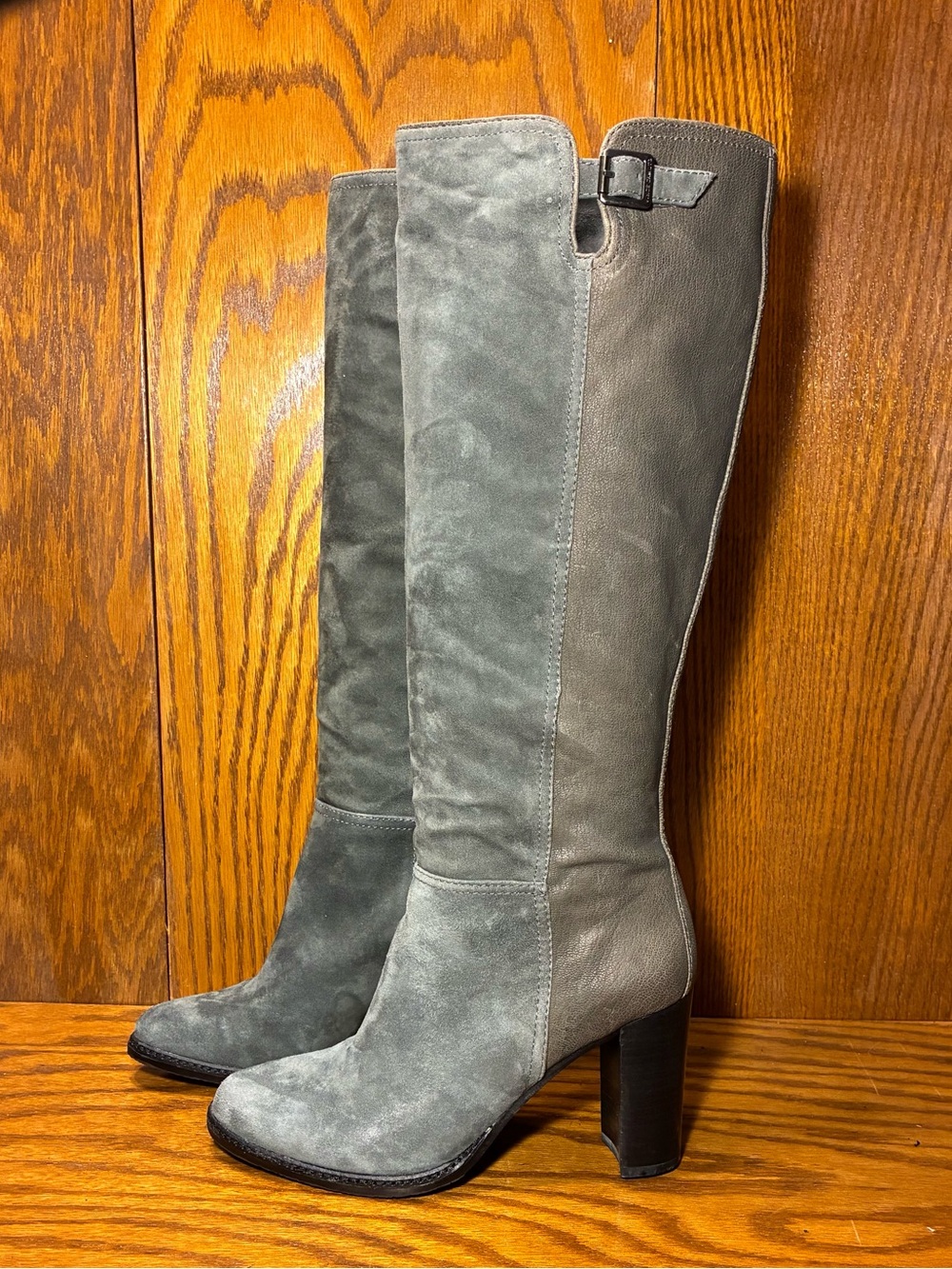 Vince Camuto Suede Front Leather Back Block Heel Knee High Tall Boots Gray Sz 7